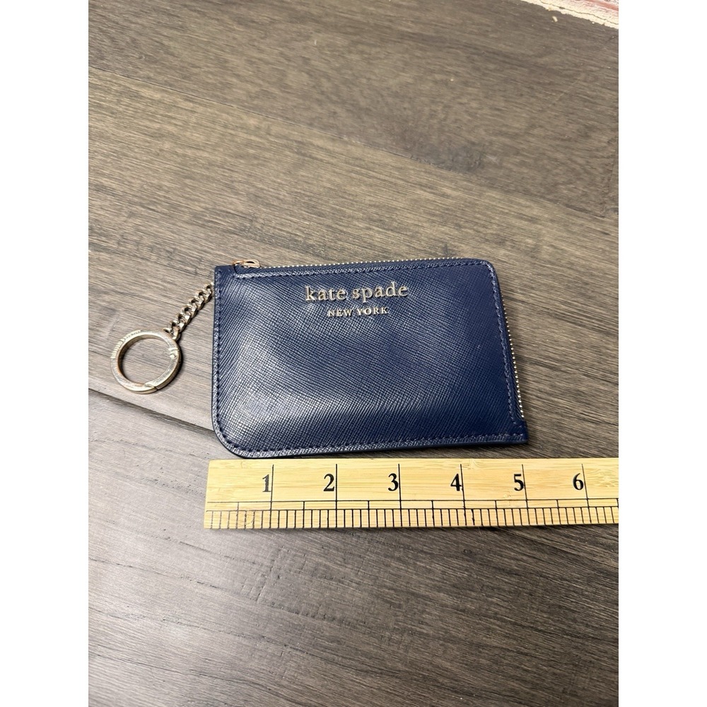 KATE SPADE Cameron L-Zip Card Holder Coin Wallet Keychain Navy Saffiano Leather